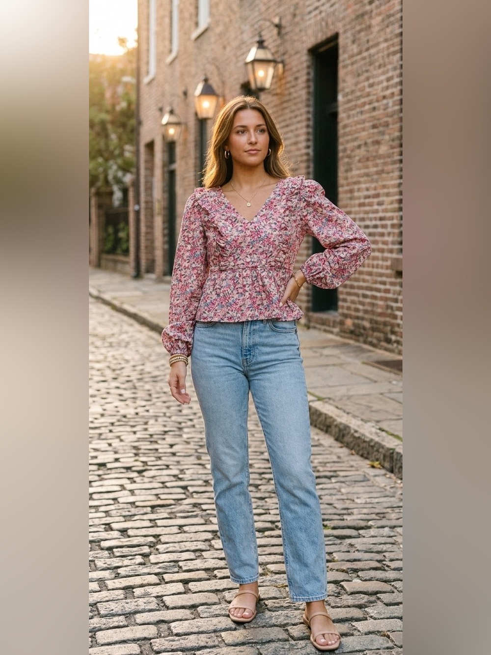 entro Pink Floral Ruffle Peplum Blouse